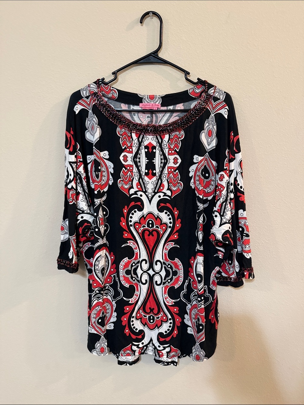 Women's Black Red & White Printed Tunic with Beaded Neckline